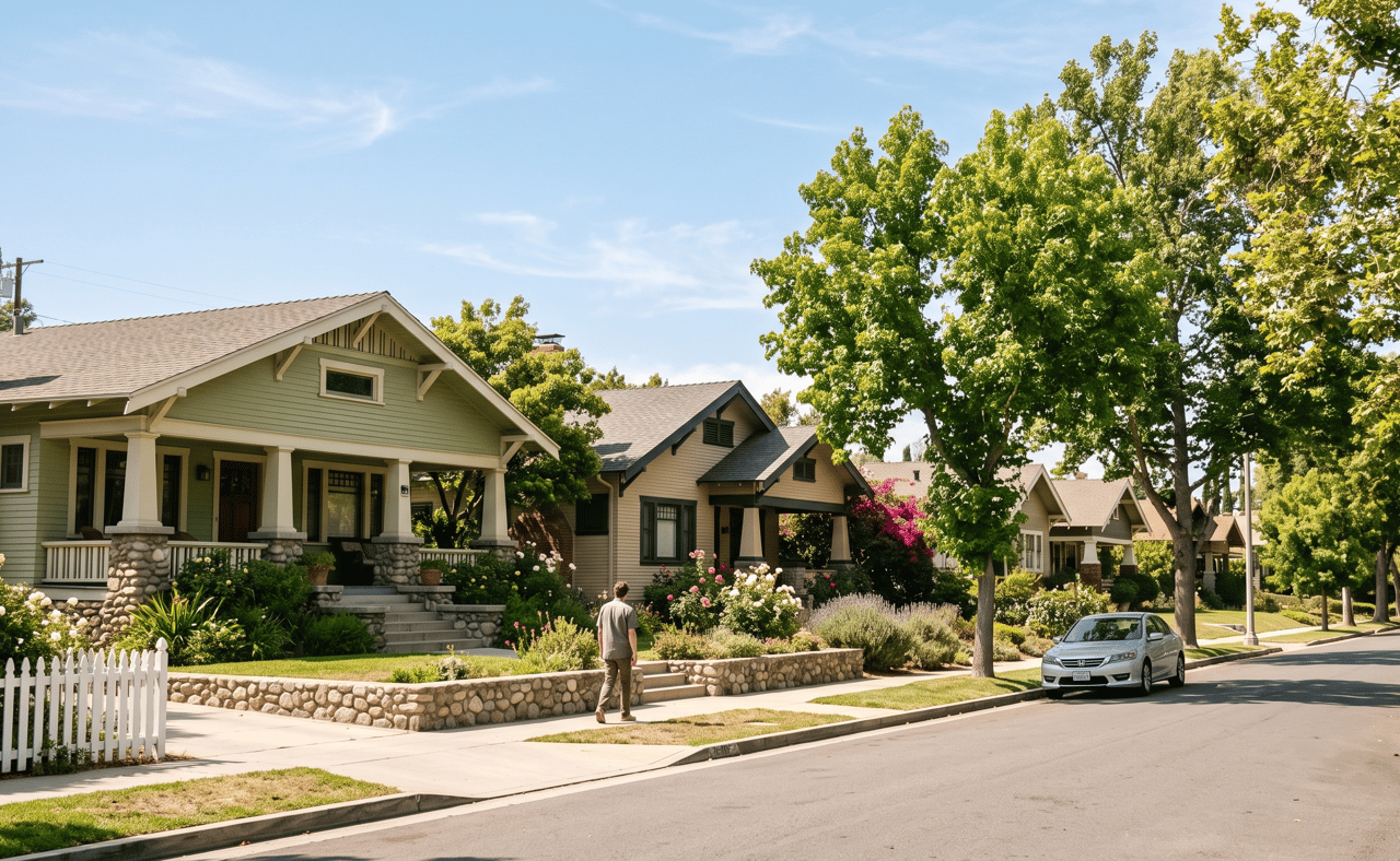 Craftsman-style homes line a sunny street beneath mature trees, with landscaped gardens and a pedestrian on the sidewalk.