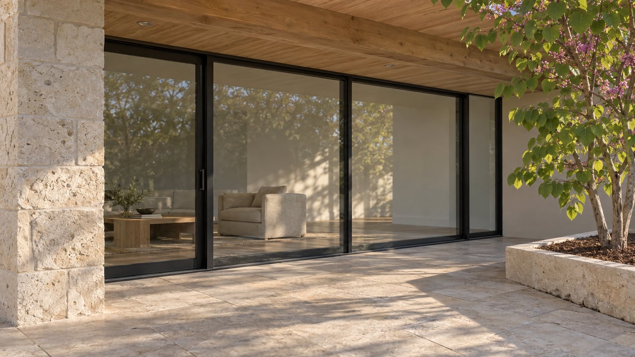 Covered limestone terrace with cedar ceiling, black-framed glass doors and a single redbud beside a raised planting bed.