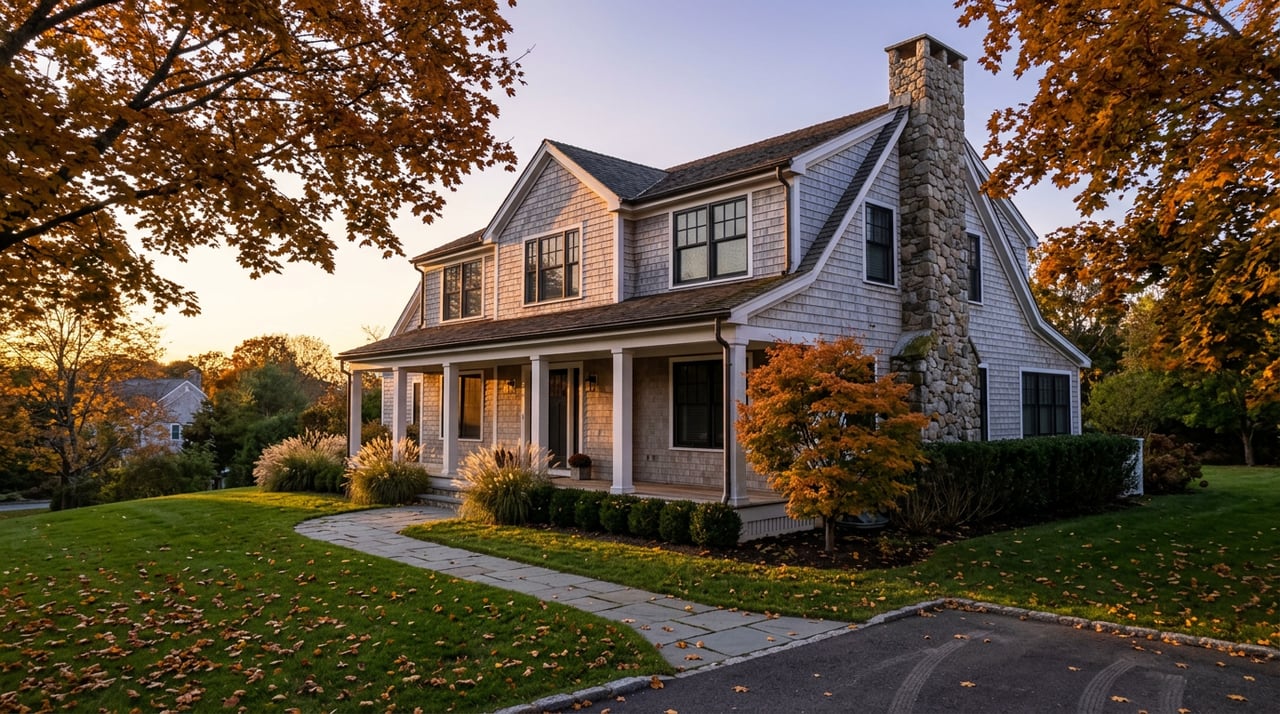 Two-story shingle-style home with a fieldstone chimney, bluestone path, and amber autumn trees.