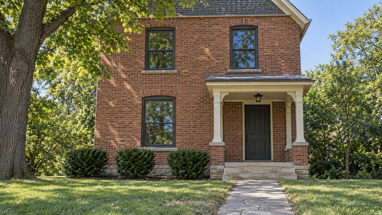 Two-story red-brown brick house with a gray-shingle gable, recessed porch door, and limestone walk across a shallow lawn.