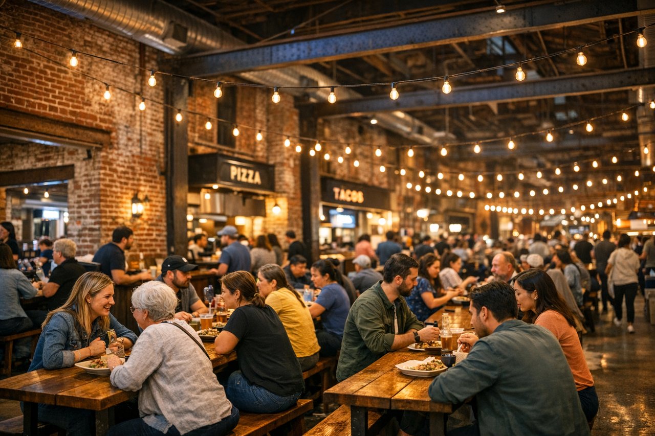 Wide-angle view of a lively food hall inside a restored industrial building, featuring exposed brick walls, steel beams, and warm Edison bulb lighting, with diverse groups of people dining at long communal wooden tables in a cozy, bustling atmosphere.