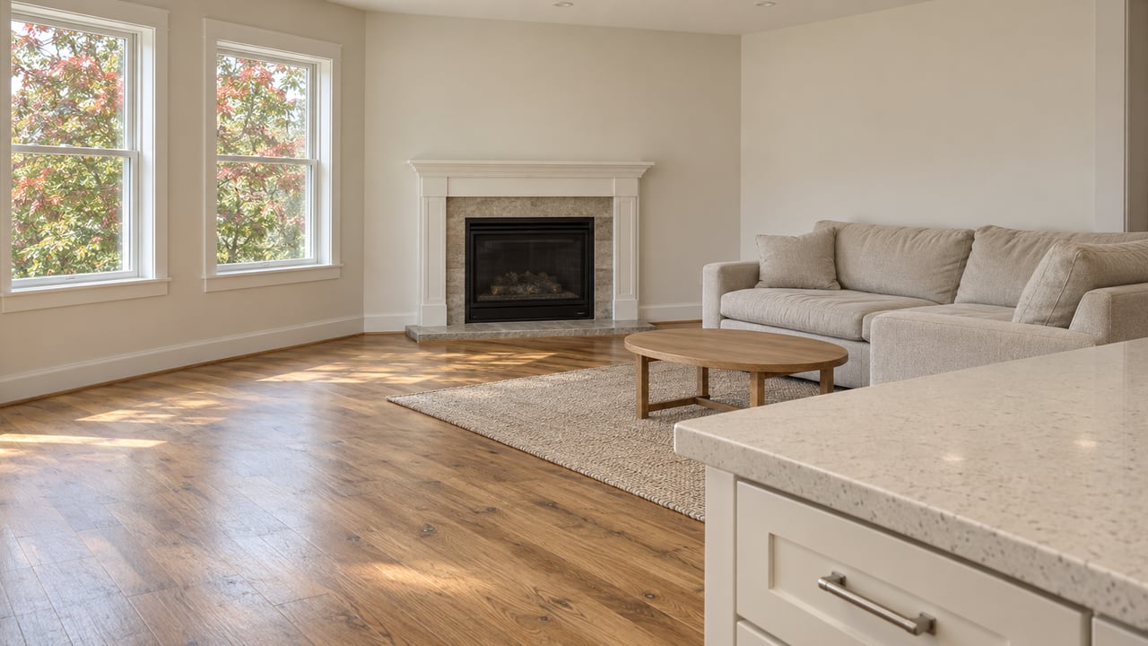 Bright family room viewed past a pale kitchen counter, with oak floors, a linen sofa, a simple fireplace, and leafy views through closed windows.