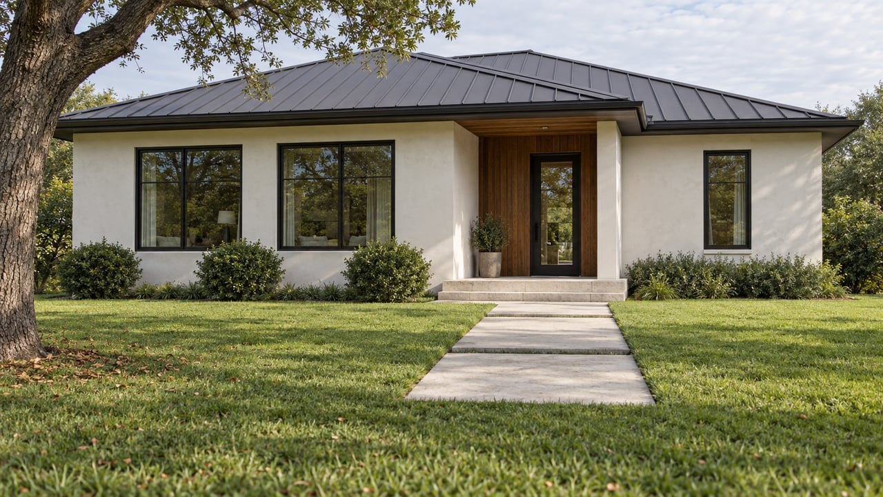 Single-story off-white stucco house with a recessed cedar entry, broad windows, and concrete slabs crossing a deep lawn.