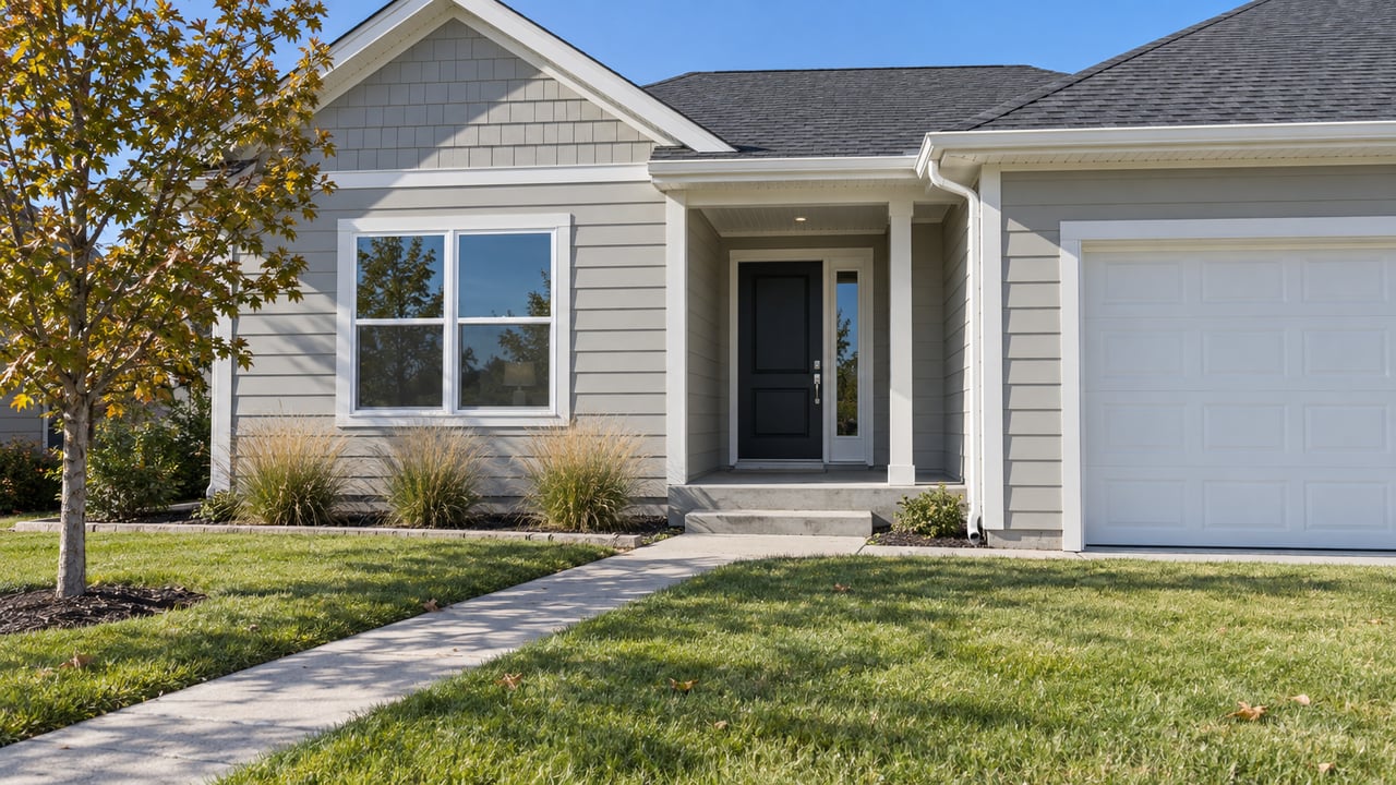 A light greige gabled home with a recessed black front door, concrete approach, open lawn and bronze-green oak leaves.