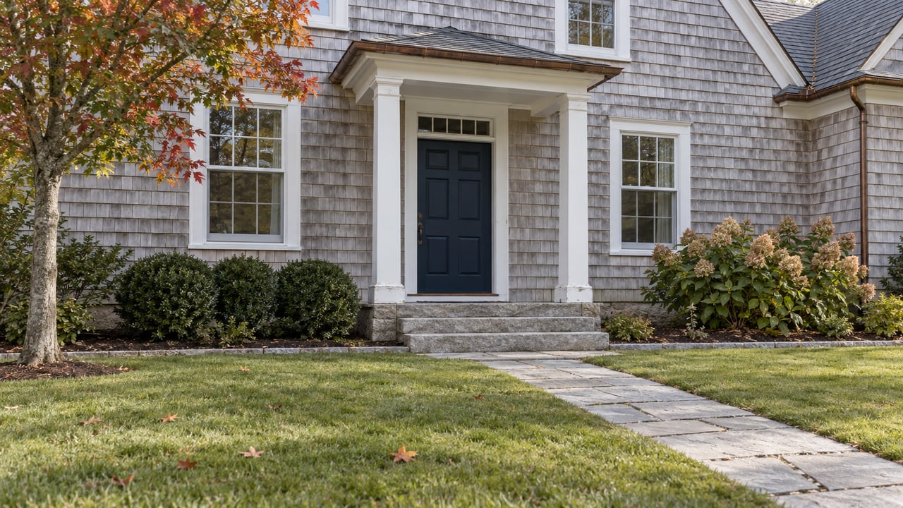 Silver-gray shingle home with a navy front door, granite entry steps, a broad front lawn and autumn maple foliage.