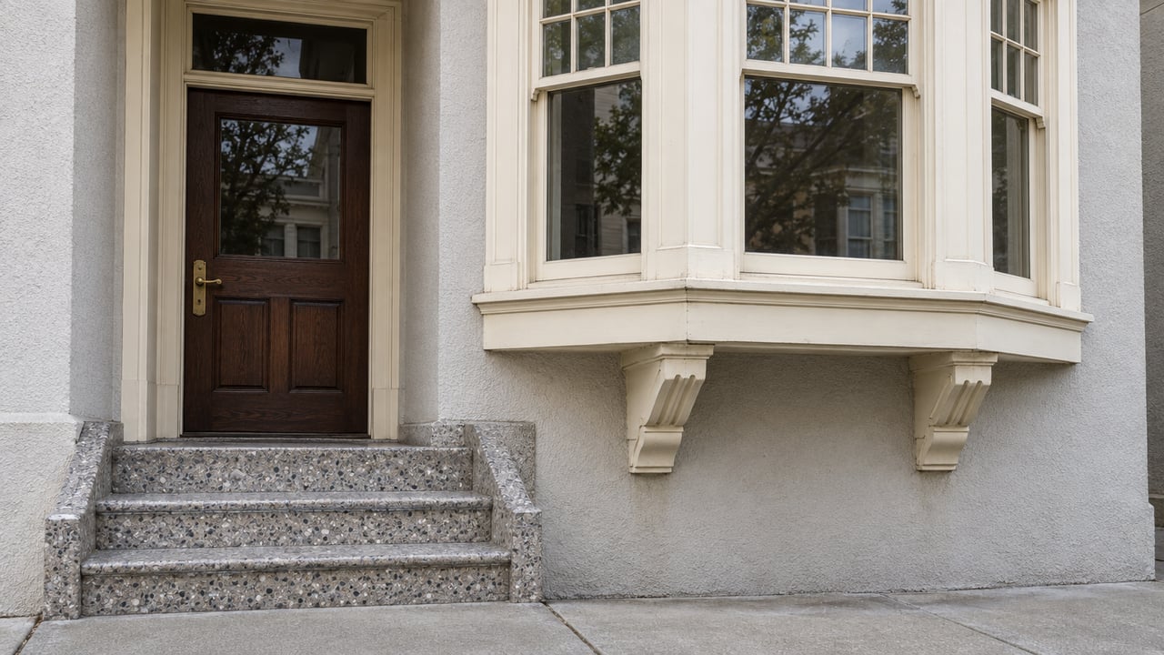 Close view of a historic home's ivory-painted bay window, recessed oak entry and worn gray terrazzo steps.