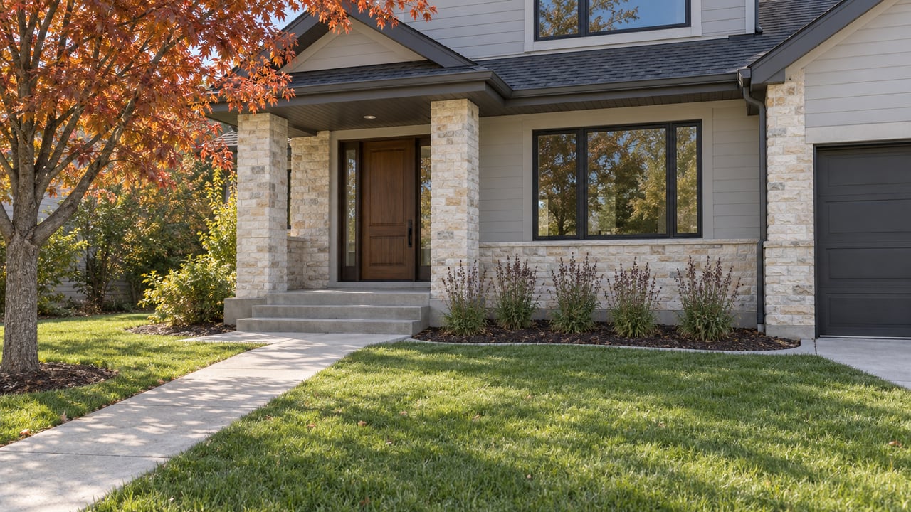 Two-story home with pale siding, limestone entry, black-framed windows, a broad front lawn and an autumn-colored maple.