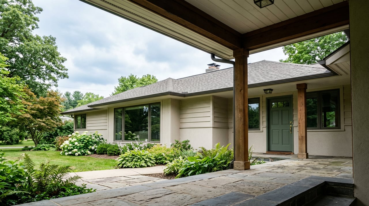 Single-story ranch home with fieldstone veneer, stone chimney, and attached garage beyond a deep front lawn.