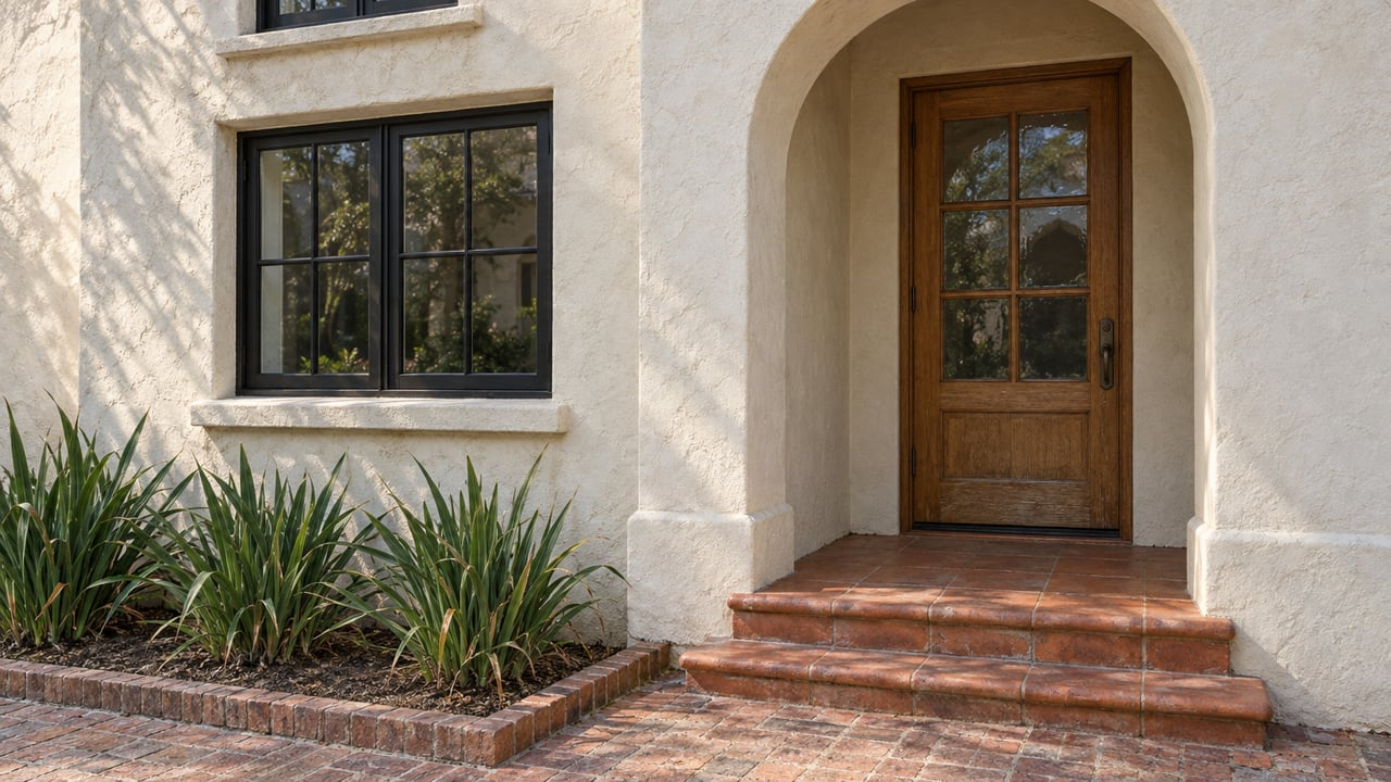Cream stucco home with an arched entry, glazed oak door, terracotta steps, and a brick path bordered by iris foliage.