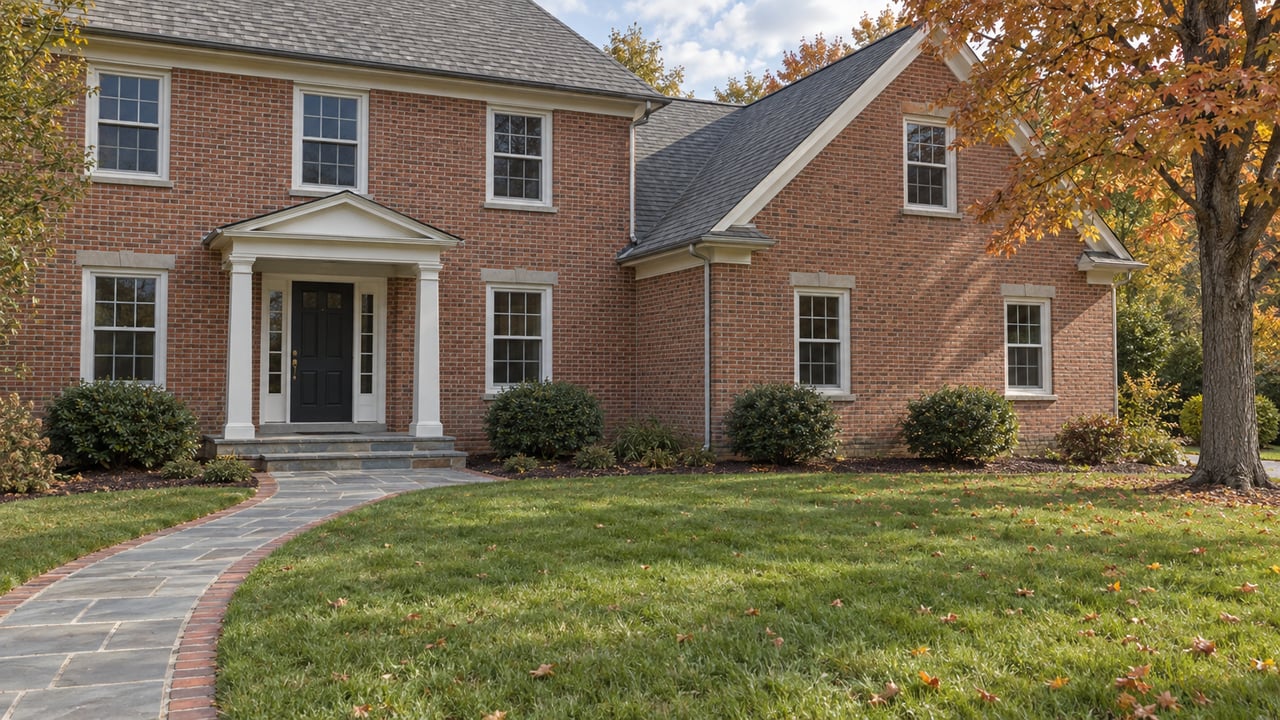 Brick home with gray gabled roofs, white-trimmed windows, a sheltered dark entry, broad autumn lawn and a curved bluestone walk.