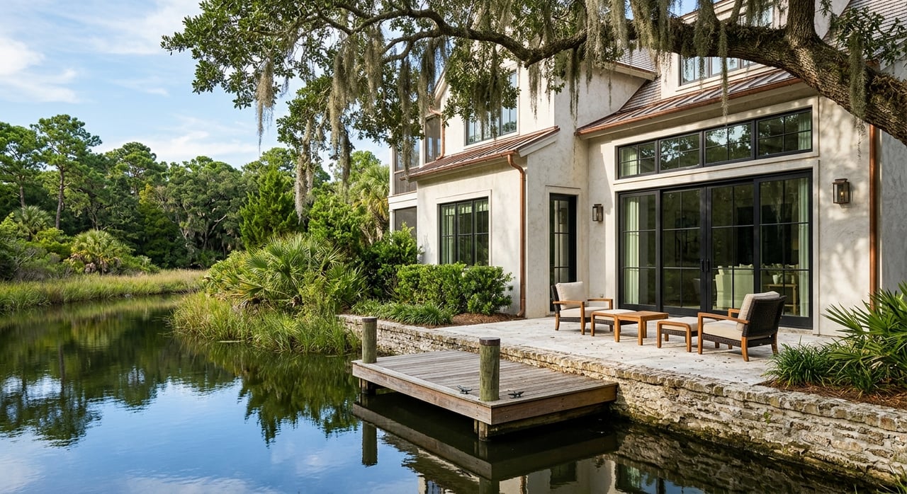 Stucco home opens onto a shell-stone patio, tabby seawall, and wooden dock over a rippling lagoon.