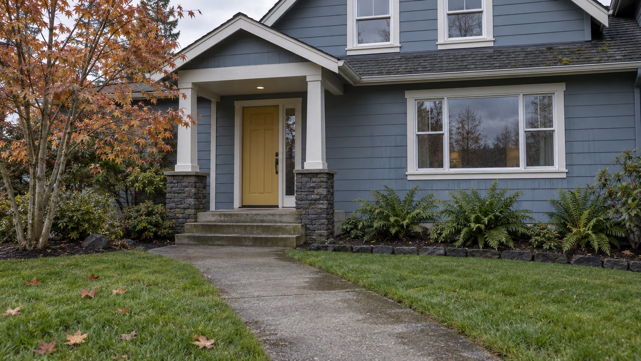 A blue-gray lap-sided home with a yellow front door, damp concrete approach, autumn maple and sword ferns.