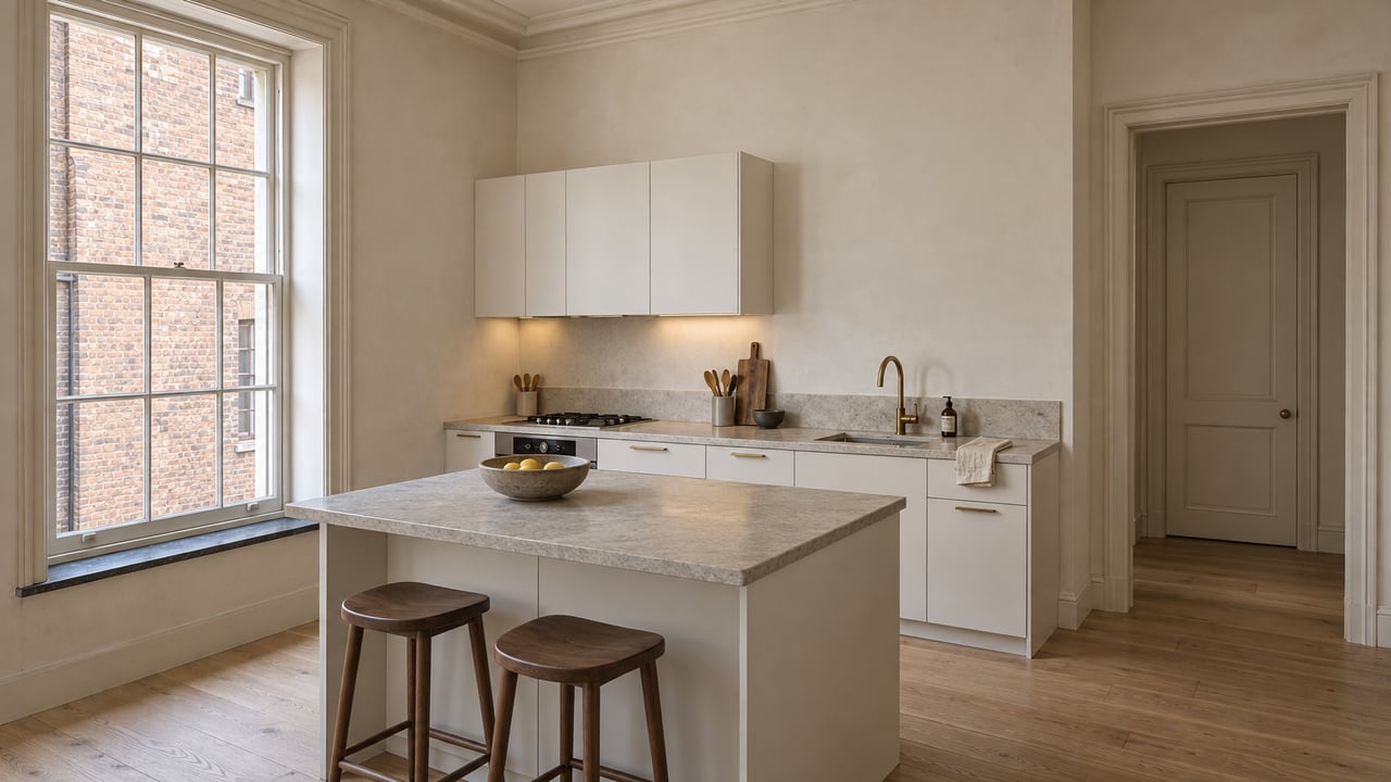 Renovated condo kitchen with a pale stone island beside a sash window overlooking a neighboring brick wall.