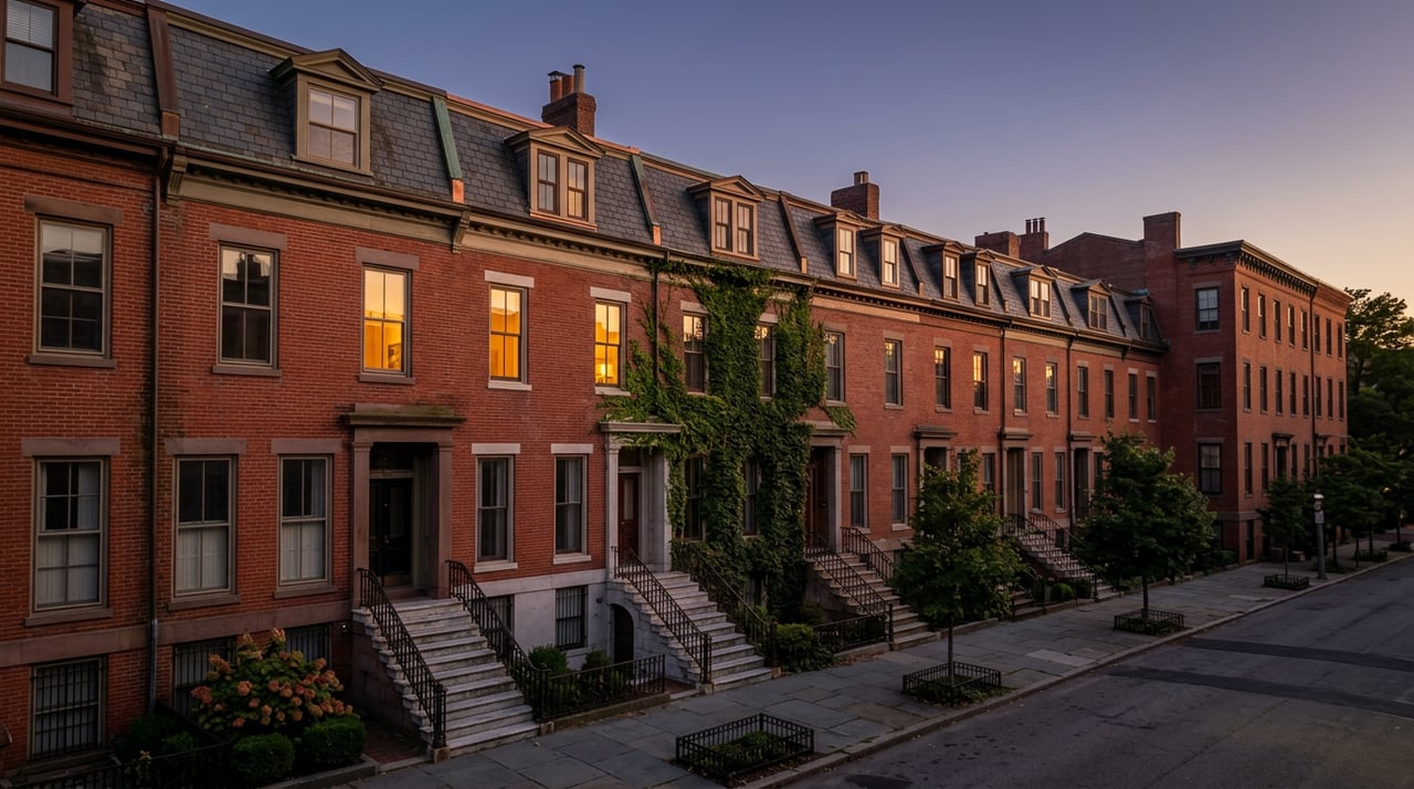 Red brick rowhouses recede toward a corner building beneath a slate roofline, with ivy and glowing windows.