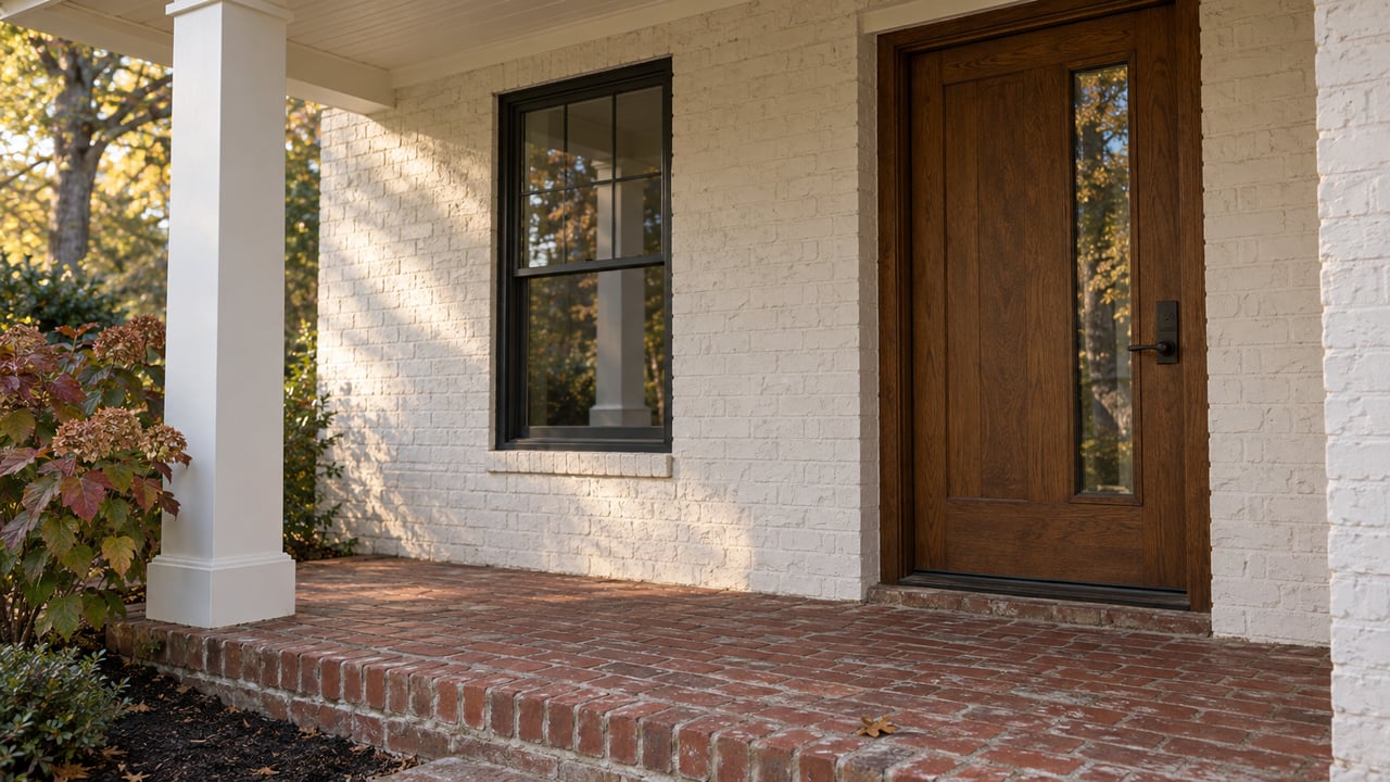 Oak front door and double-hung window in a white-painted brick porch, with red brick paving and burgundy hydrangea.