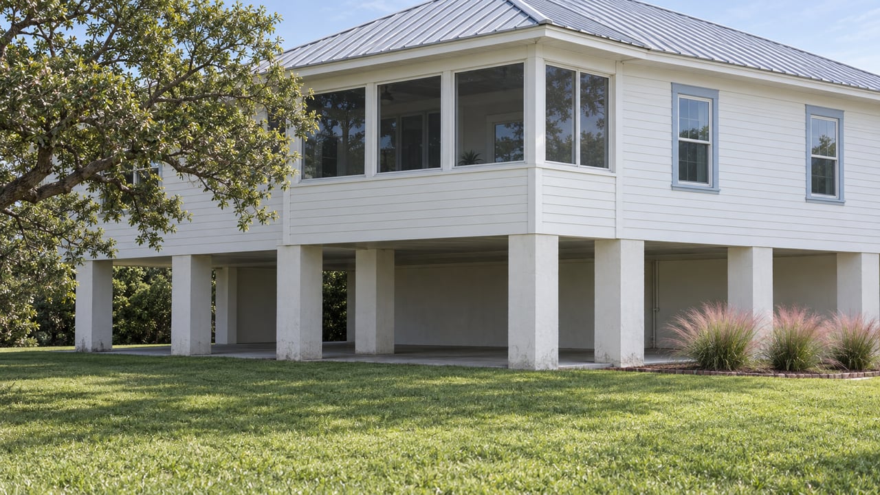 Elevated white home with a pale gray metal roof, glazed porch, shaded piers and a broad lawn beneath a spreading live oak.