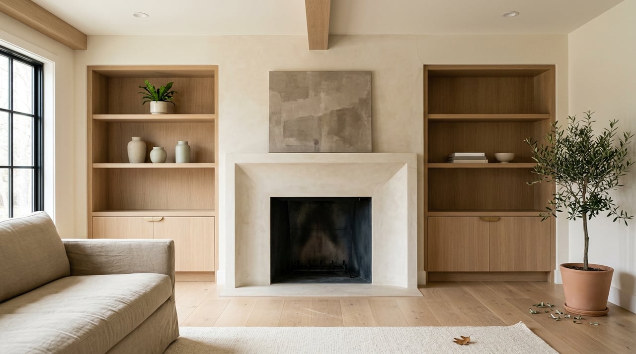 Limewashed fireplace centered between oak bookcases, with a leaning abstract canvas and potted olive tree.