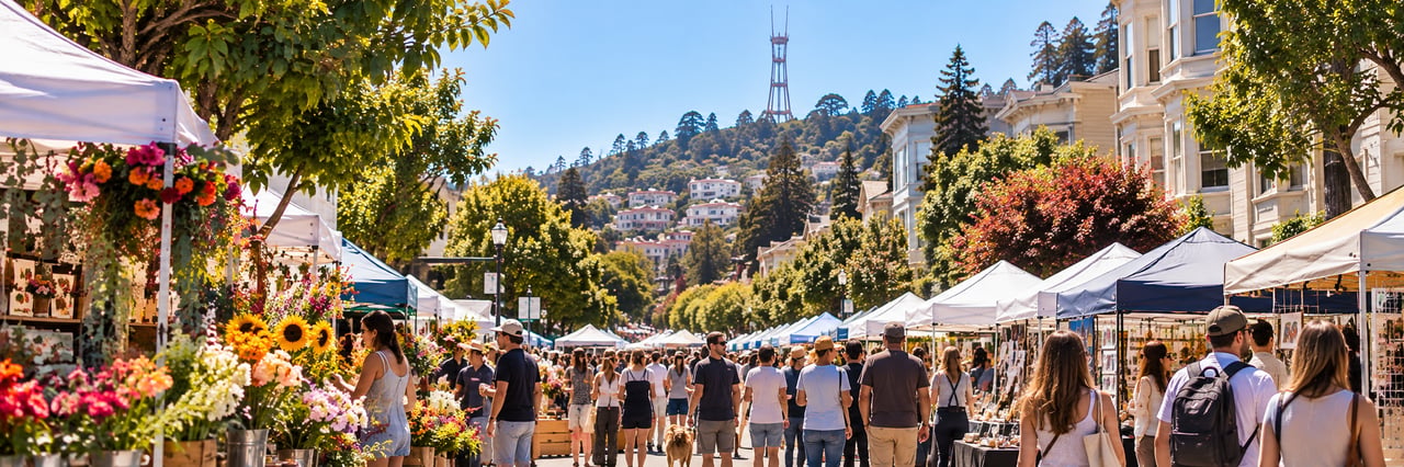 Cole Valley Fair 2026 in San Francisco, featuring a bustling neighborhood street fair with white vendor tents, local flower stalls, and shoppers along a tree-lined street. Victorian homes and the Sutro Tower rise above the surrounding hills in the background under a clear blue sky.