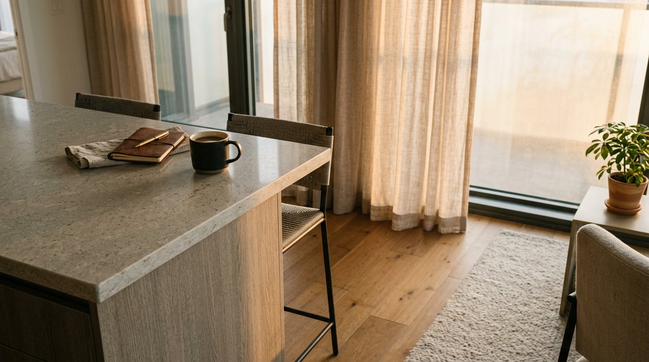 White quartz kitchen island beside a sheer-lit window, with a linen towel, chevron oak floor, and cropped fiddle-leaf fig.