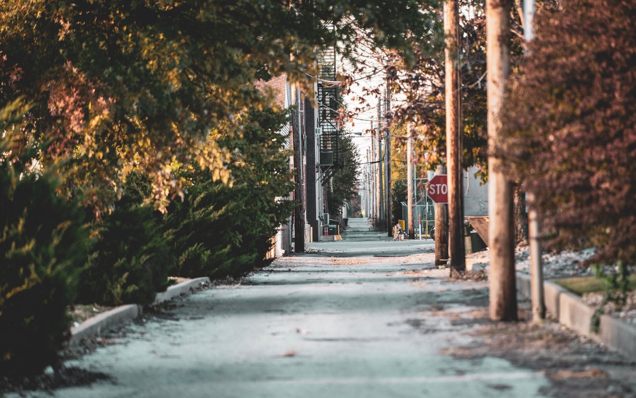 Tree-lined neighborhood sidewalk passing residential buildings and a stop sign