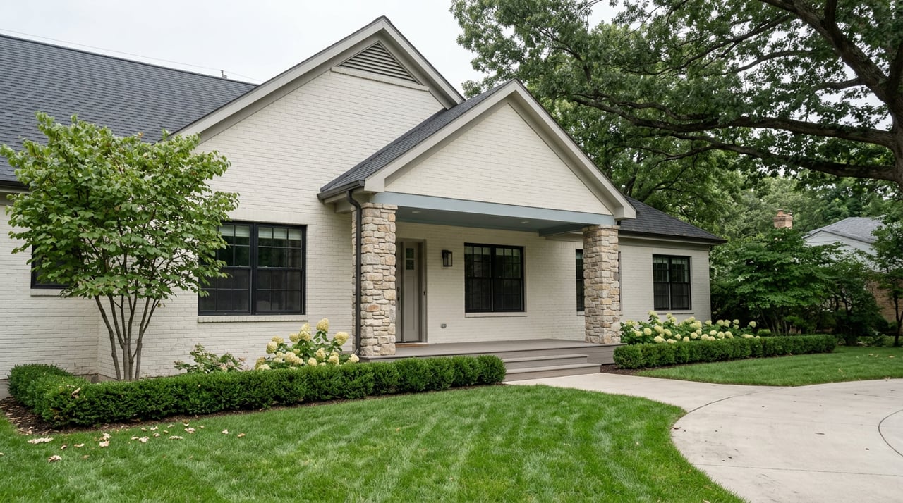 Painted-brick home entry with stone porch piers, black-framed windows, hydrangeas, and lawn beneath oak branches.