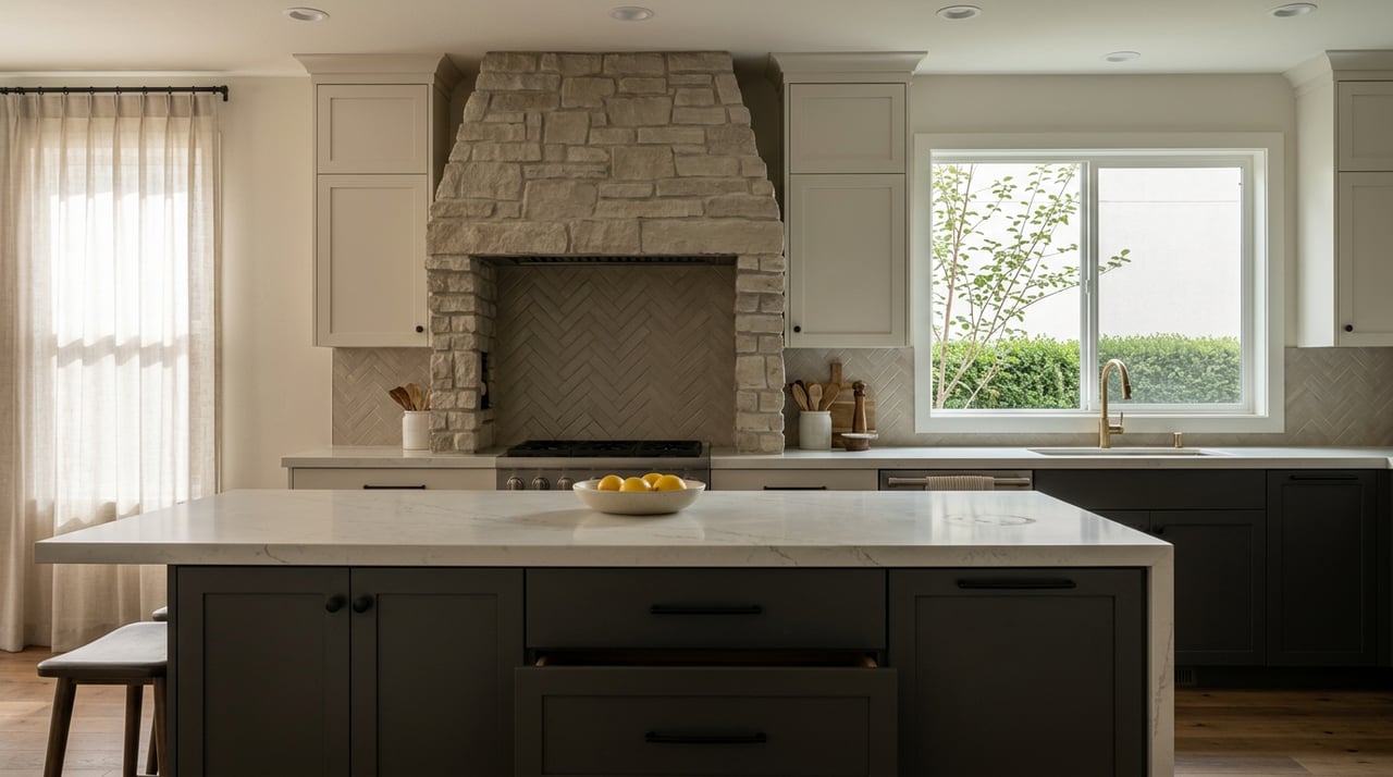 Kitchen with charcoal cabinets, a veined stone island, stacked-stone range hood, and leafy branches outside the window.