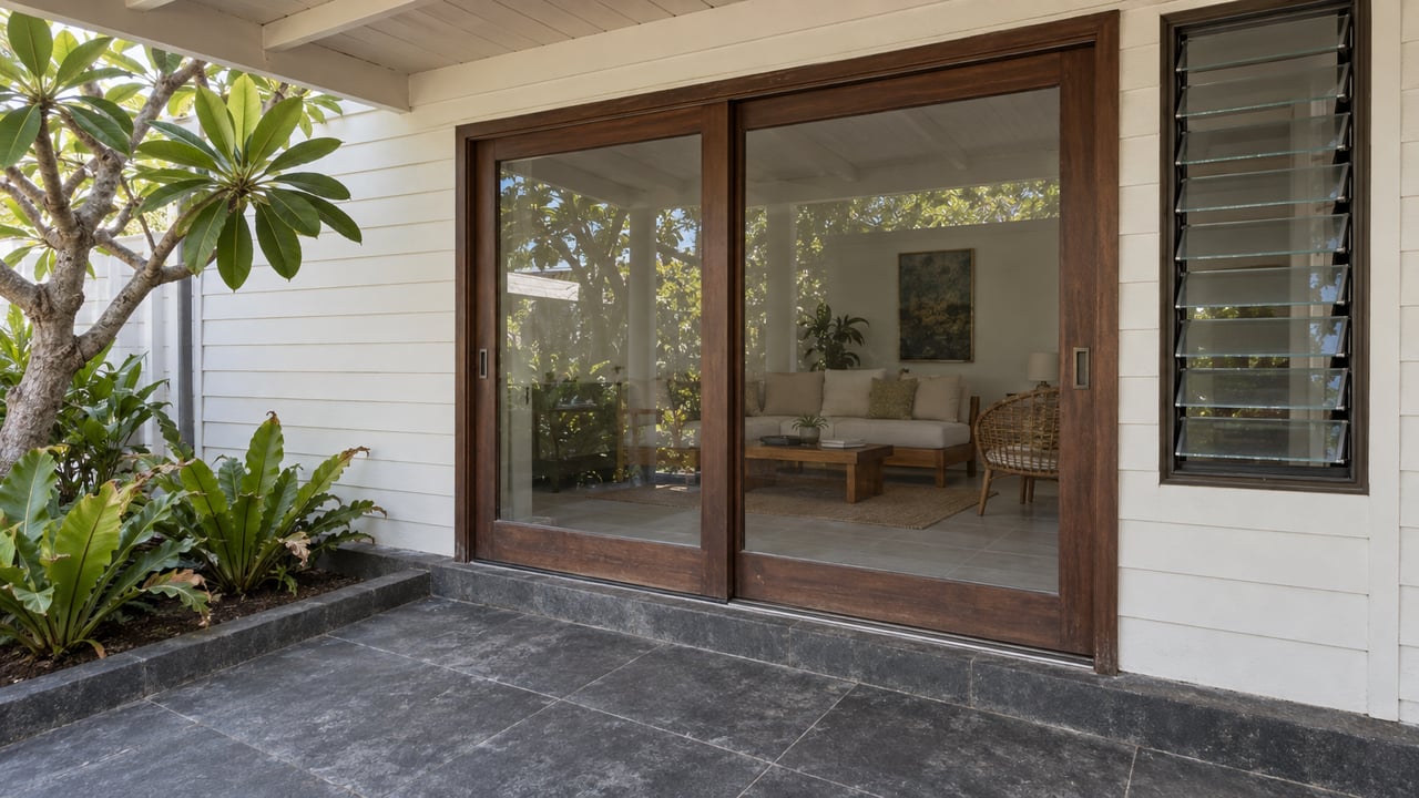 Covered lanai with white timber siding, dark wood-framed glass doors, charcoal stone paving and a small tropical planting bed.