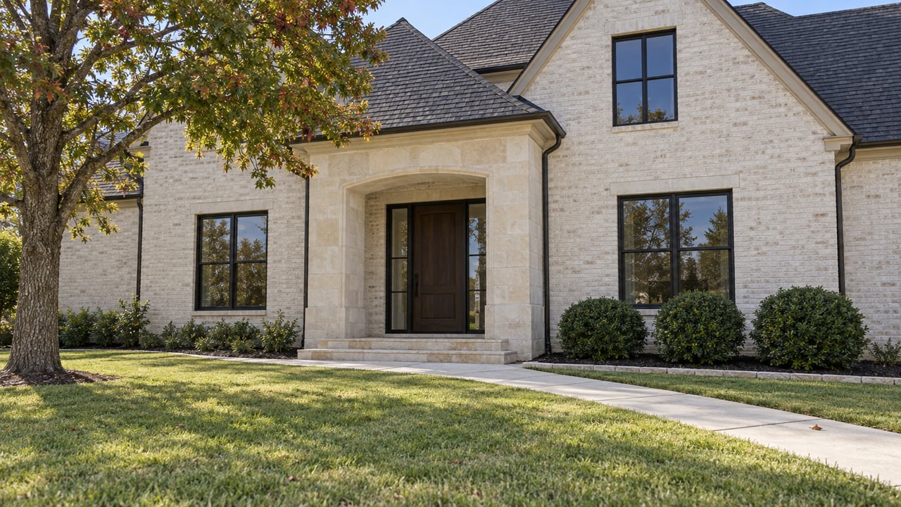 Sunlit ivory-brick home with steep charcoal roofs, black-framed windows, limestone entry steps and a broad lawn beneath a mature oak.