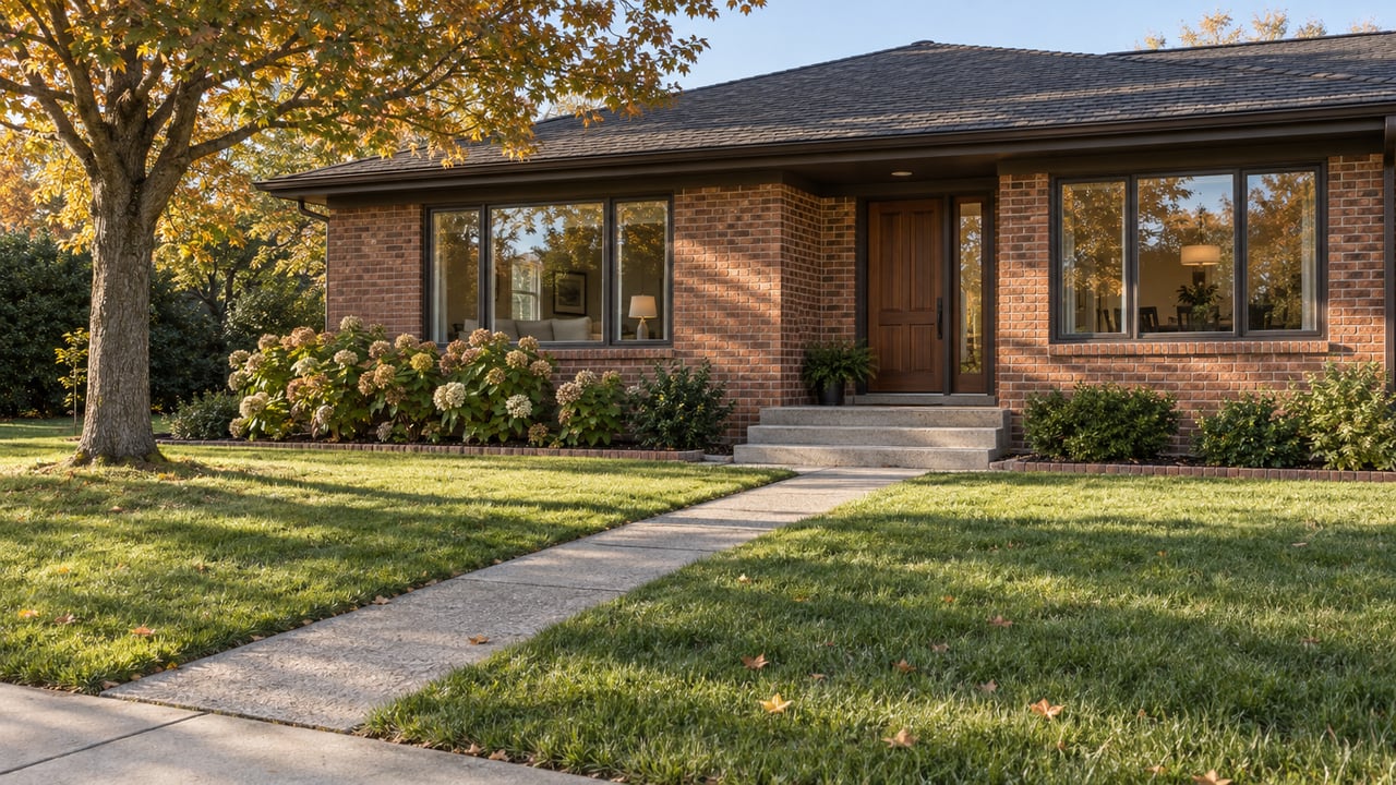 Warm afternoon light crosses a deep front lawn toward a brick ranch with dark-framed windows and a recessed wood entry.