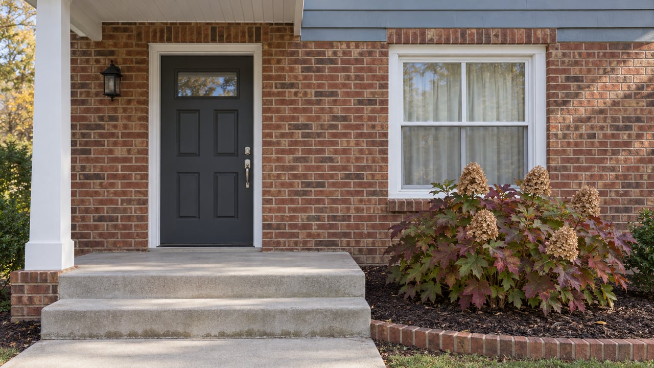 Brick home entrance with a charcoal door, white-framed window, concrete steps and burgundy oakleaf hydrangea.