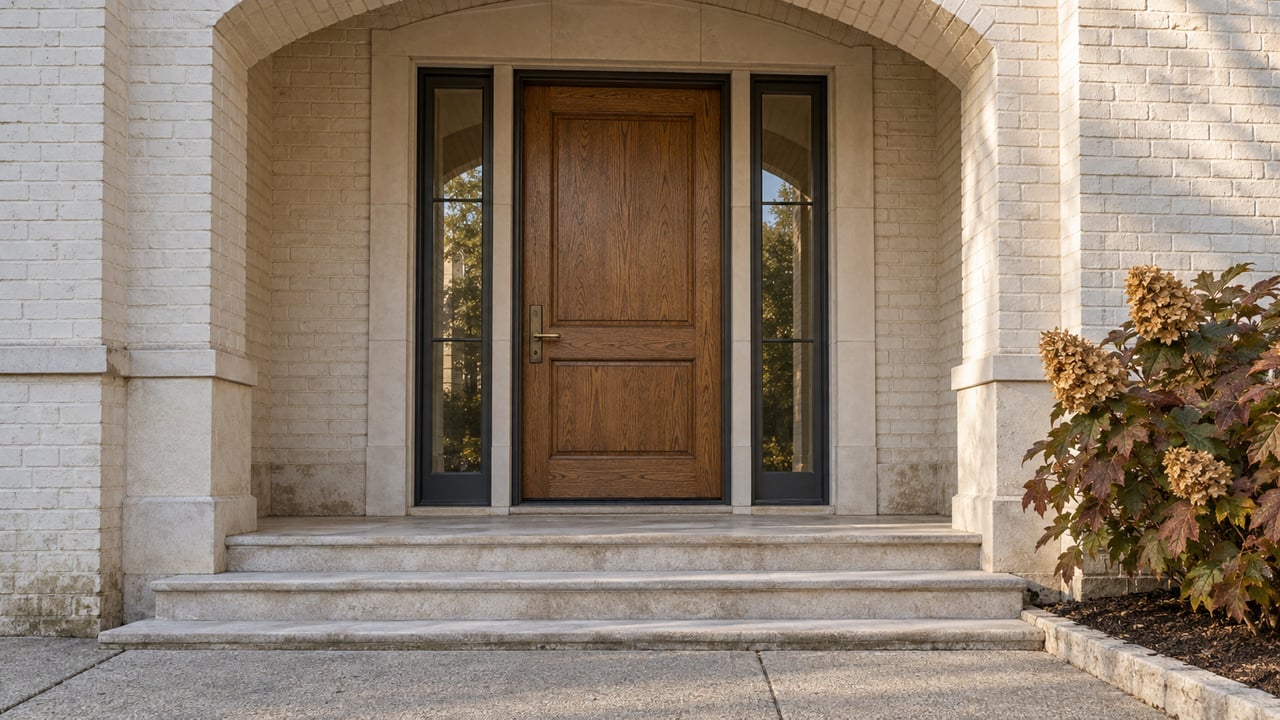 An arched ivory-brick entry shelters an oak door with paired sidelights above limestone steps, beside an autumn oakleaf hydrangea.