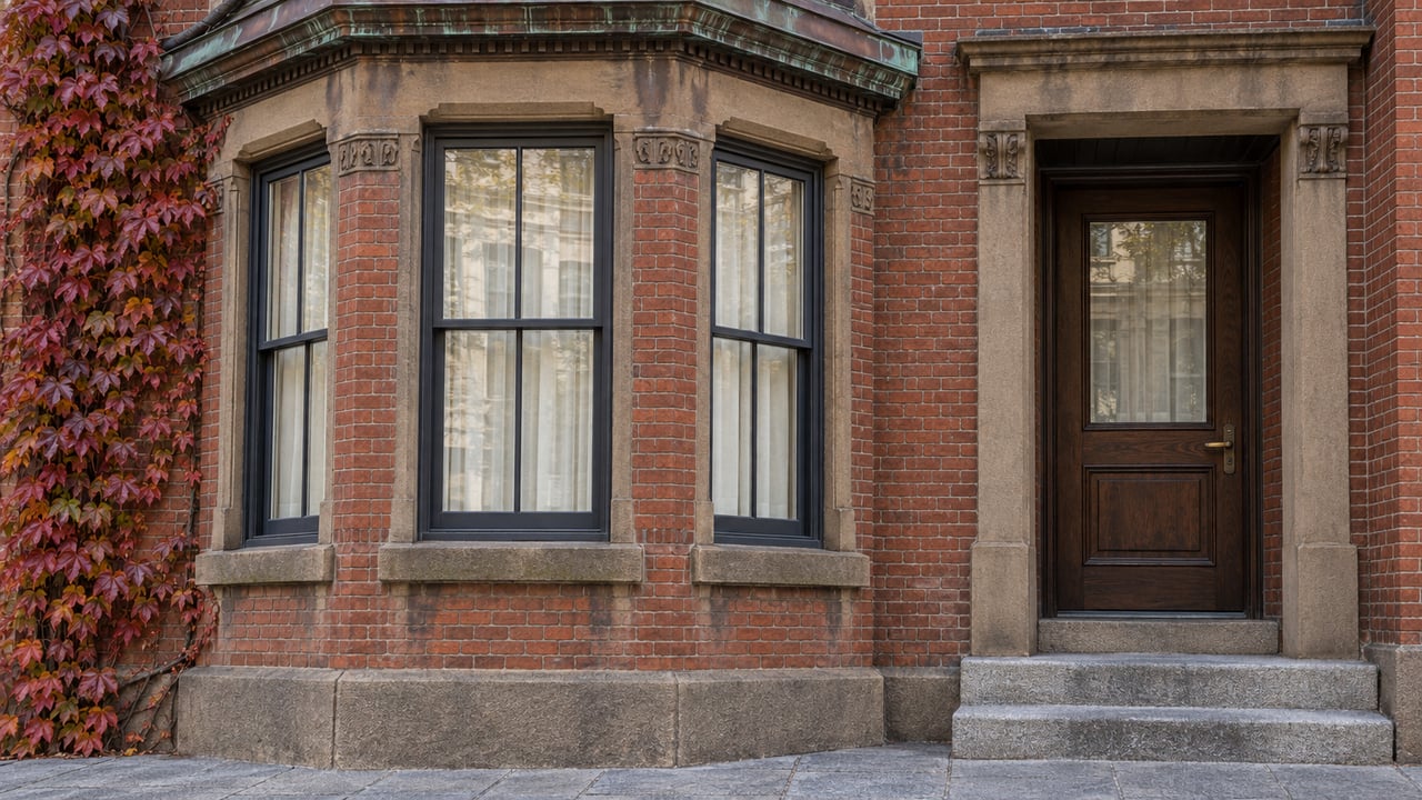 Red-brick residential bay with sandstone trim, copper cornice, an oak entry door and burgundy climbing ivy.