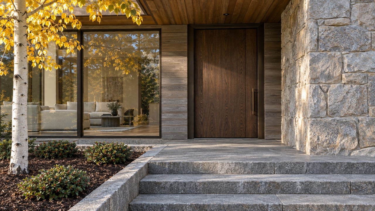 Close view of a cedar and pale-stone home entrance with bronze-framed glazing, granite steps and golden leaves on a white-barked tree.