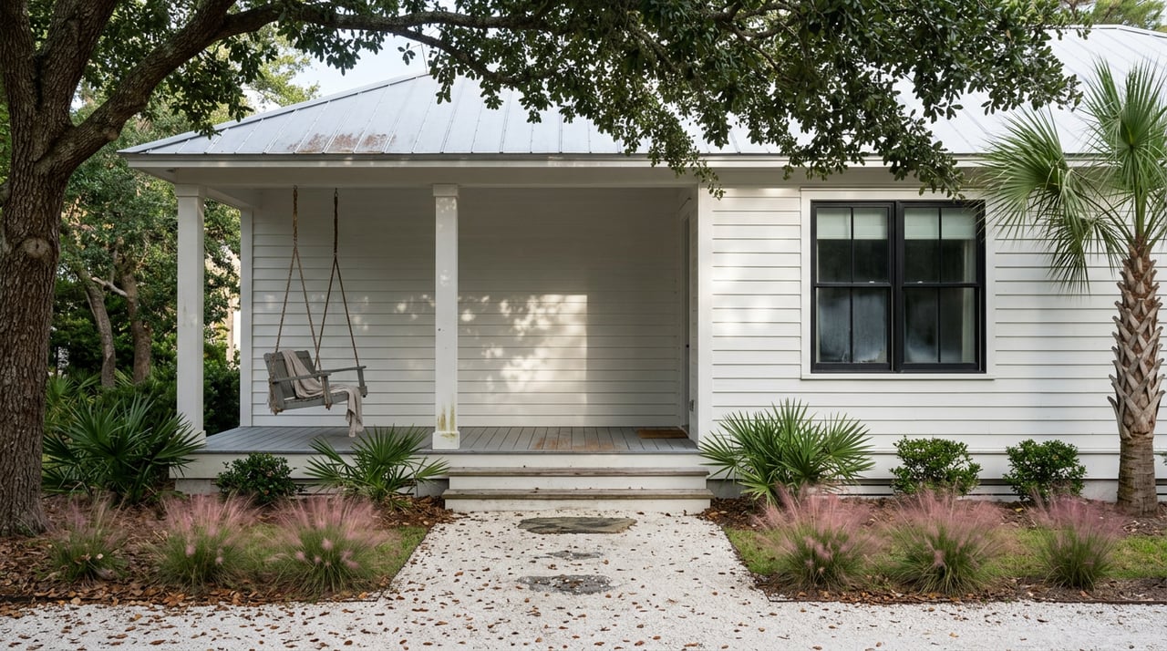 White coastal cottage porch beneath a live oak, with a shell path, pink-tinged grasses, and a weathered rope swing.