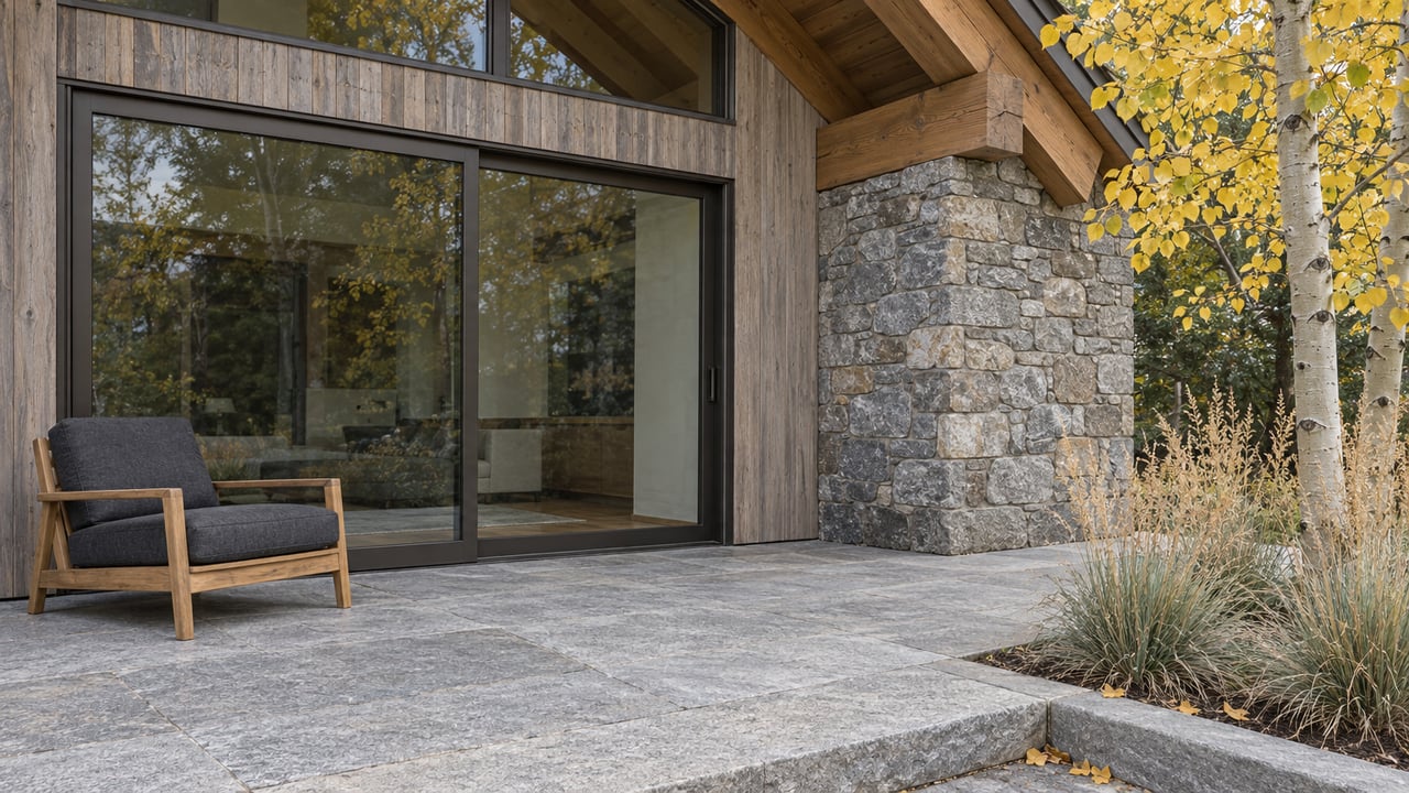 Autumn daylight on a timber-and-stone home, with closed bronze-framed glazing, granite terrace paving and yellow aspen leaves.