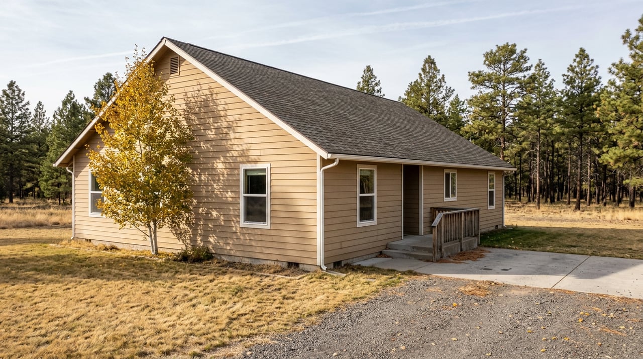 Single-story tan home with a golden aspen beside it, dry grass lawn, gravel drive, and pine trees behind.
