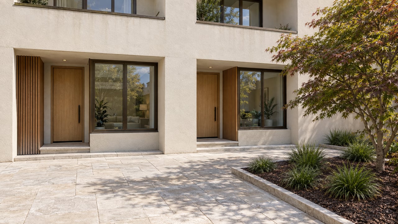 Two recessed condominium entrances with ivory stucco, cedar slats and bronze-framed windows beside a paved courtyard and Japanese maple.