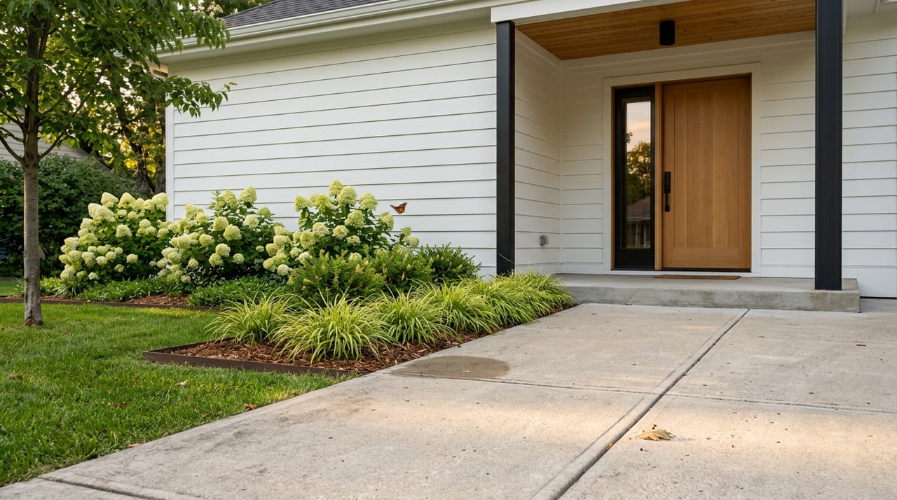 White-sided home entrance with oak door, black-framed sidelight, concrete walk, and pale green hydrangeas.