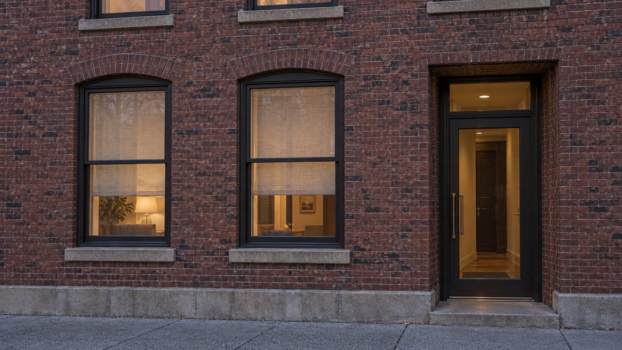 Red-brick residential facade at dusk with arched windows, limestone sills and a warmly lit glazed entrance.