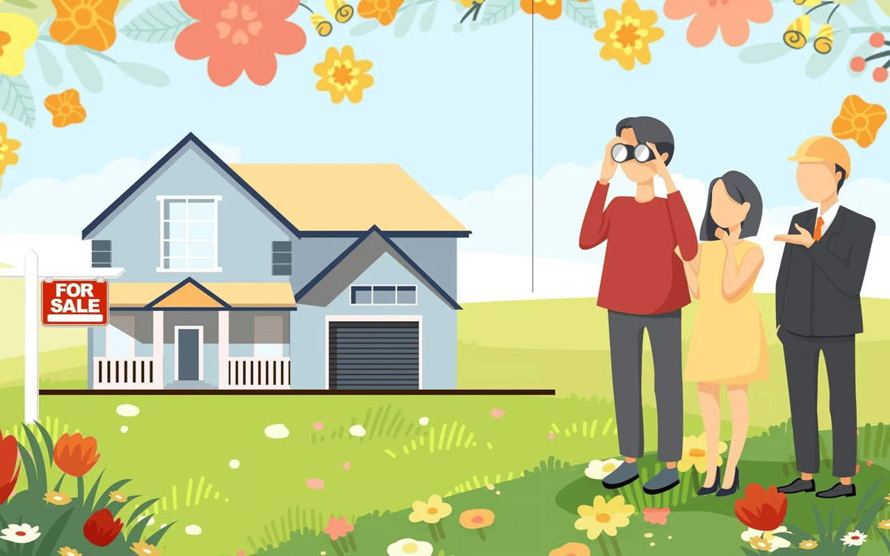 Spring illustration of a blue house for sale as three people examine it among flowers.