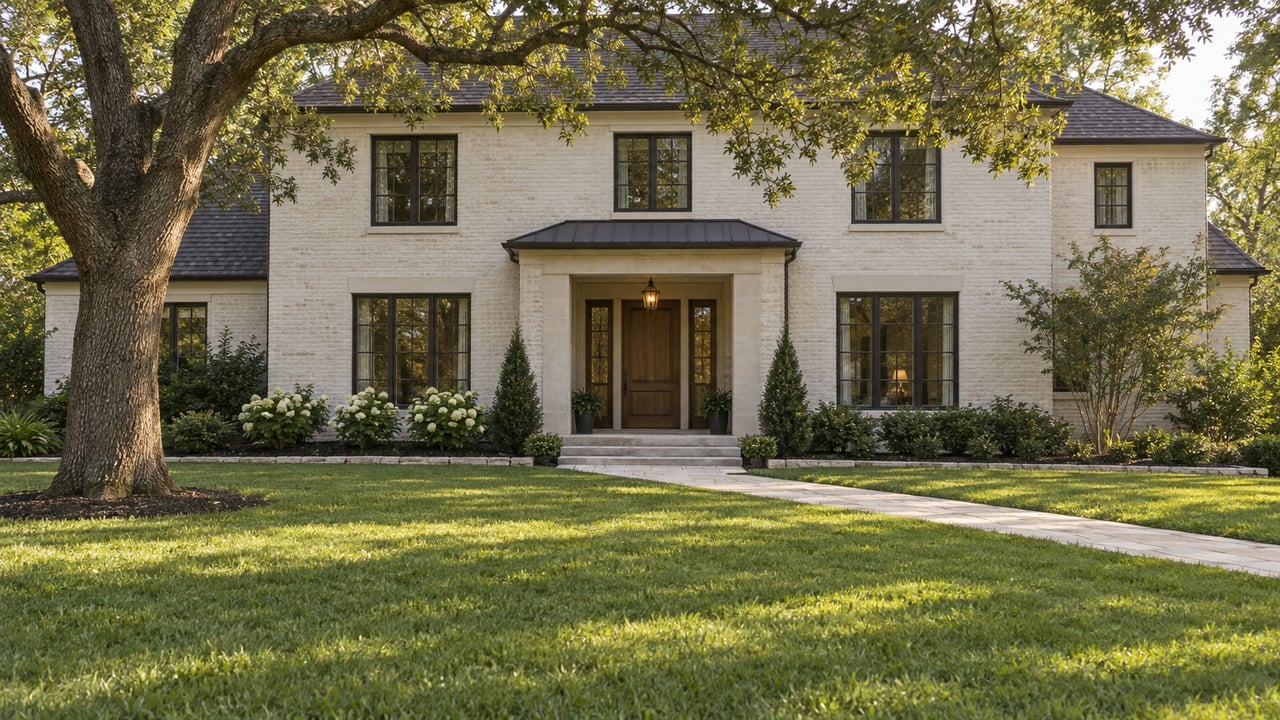 White brick two-story home with an oak tree, broad lawn, limestone path, and lit porch lantern.