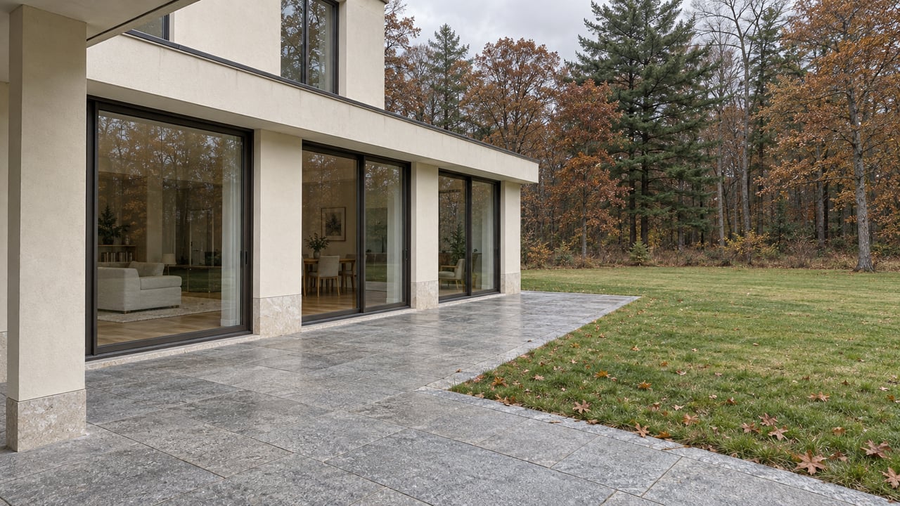 Pale rectilinear home with closed glass doors and a granite terrace overlooking a broad autumn lawn and woodland.