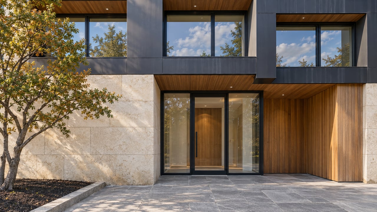 Luxury condominium entrance with pale limestone, charcoal metal panels, cedar soffits and closed black-framed glazing beside an amber-leaved oak.