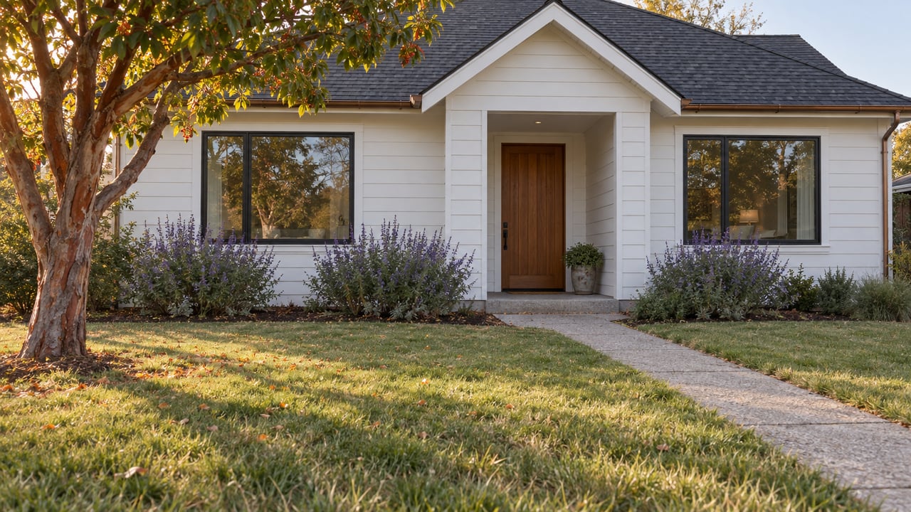 White-sided suburban house with a recessed entry, dark-framed windows, lawn, concrete walk, and a tree.
