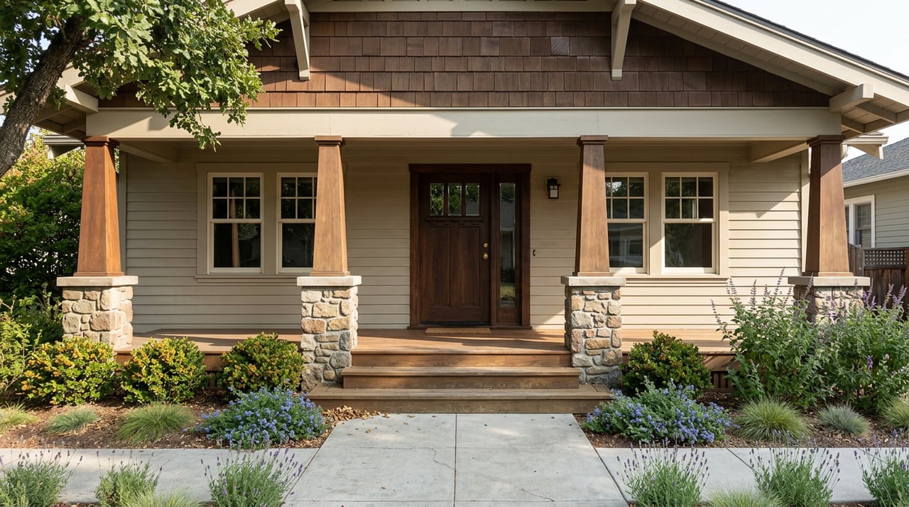Putty-colored bungalow with a covered porch, stone-based columns, wood steps, and leafy planting beds.