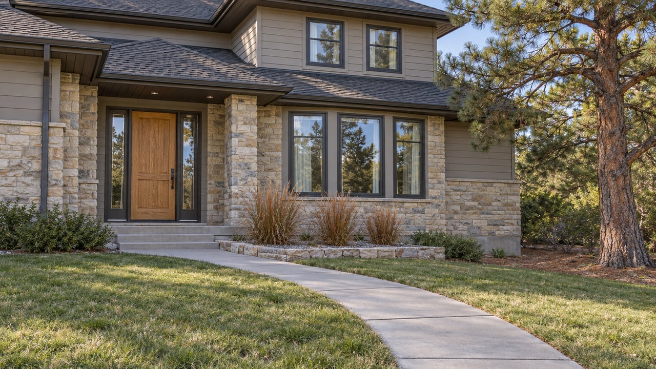 Stone-and-gray-sided home with an oak entry, a deep front lawn, copper-colored grasses and a mature pine in autumn sunlight.