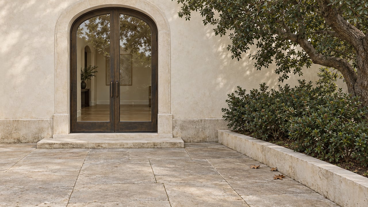Cream plaster home with arched bronze-framed glass doors opening onto a weathered limestone terrace beside a mature oak and planted stone border.