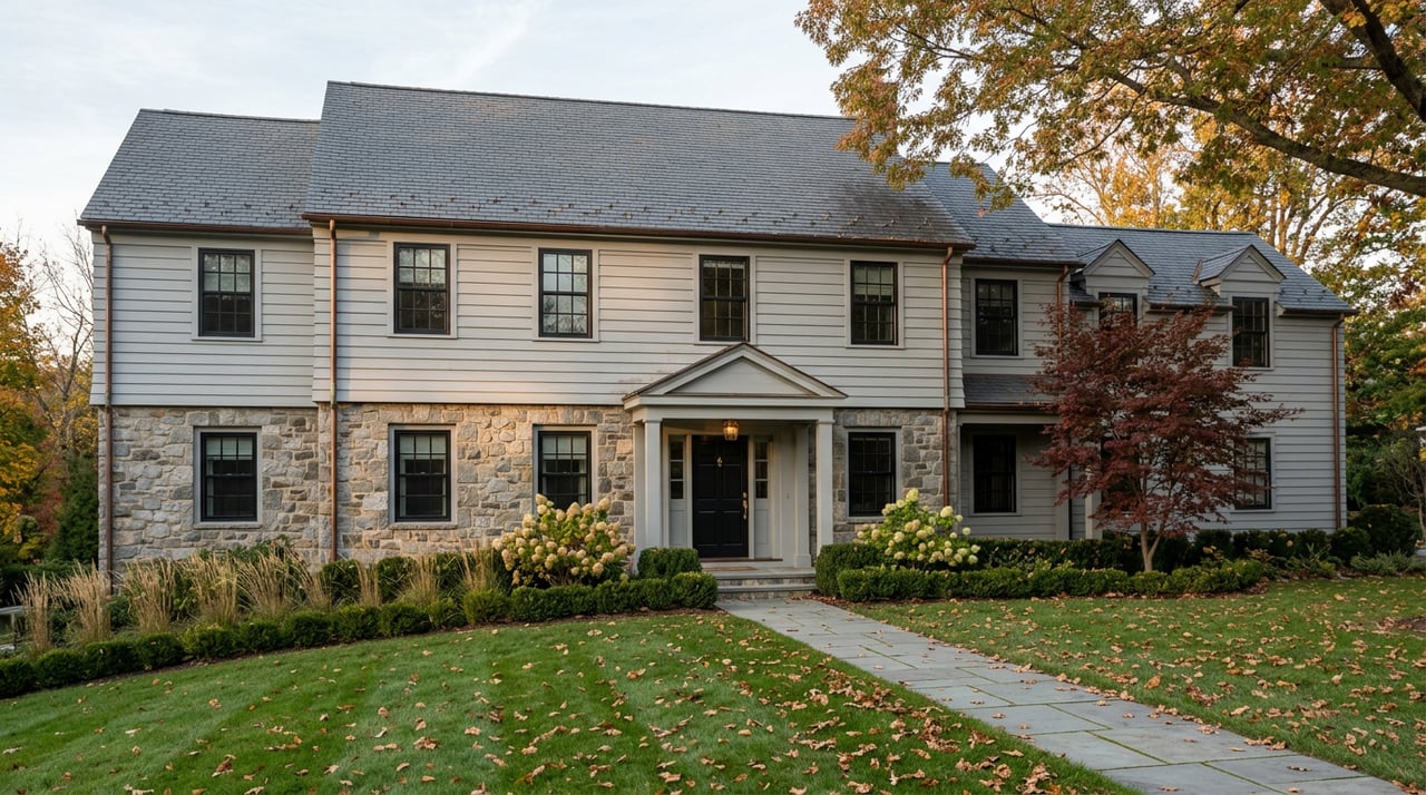 Two-story stone and gray clapboard house with a slate roof, red maple, golden oak, and diagonal bluestone walkway.