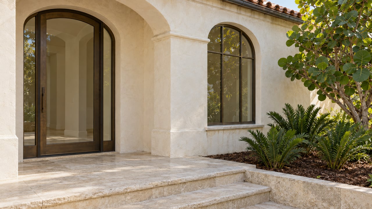 Cream stucco entrance with bronze-framed glass, aged clay roof tiles, limestone steps, and sculptural tropical planting.