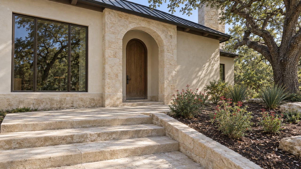 Limestone steps approach an arched oak entry in a pale stucco home, beside a mature live oak and a raised planted bed.